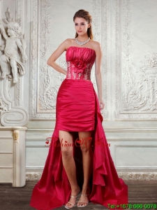 High Low Strapless Coral Red Prom Dresses with Hand Made Flower