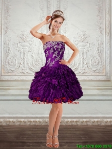 2015 Beautiful Purple Strapless Prom Dresses with Embroidery and Ruffles