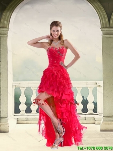 Coral Red Ball Gown Strapless Prom Dresses with Ruffles and Beading