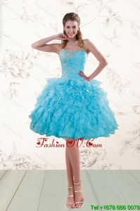 2015 Fashionable Baby Blue Prom Gown with Ruffles and Beading