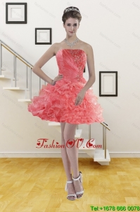 Ruffles Watermelon Red Strapless 2015 Prom Gown with Beading