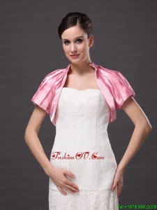 High Neck Satin Rose Pink Short Sleeves Jacket For Other Formal Occasions With Ruch Decorate