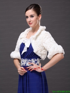 White Faux Fur Bowknot Fold Over Collar Prom Jacket