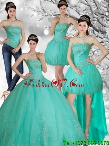 2015 Appliques and Beading Strapless Sweet 15 Dress in Apple Green