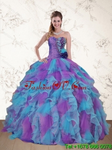 2015 Cute Strapless Beading and Ruffles Multi Color Sweet 15 Dress
