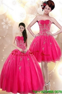 2015 Beautiful Strapless Floor Length Quince Dresses with Appliques in Hot Pink
