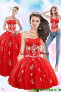2015 Exquisite Strapless Red Quince Dresses With Appliques