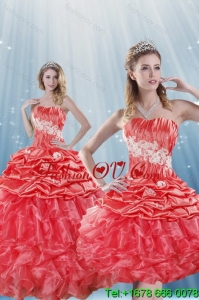 2015 Romantic Watermelon Red Quince Dresses with Appliques and Ruffles