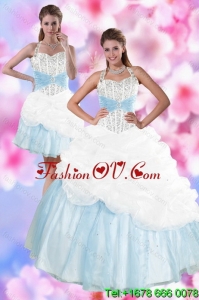 2015 Classic Multi Color Halter Top Quince Dresses with Pick Ups and Beading