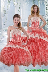 2015 New Style and Classic Strapless Appliques and Ruffles Quinceanera Dresses in Watermelon