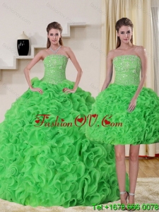 Pretty Strapless Spring Green Quince Dress with Beading and Ruffles