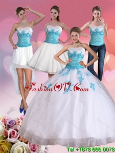 2015 Beautiful and Designer Strapless Beading and Appliques Quinceanera Dress in White and Blue
