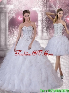 2015 Designer Sweetheart White Quinceanera Dress with Ruffles and Beading