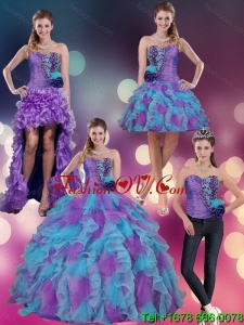 Designer Multi Color Strapless Quinceanera Dress with Beading and Ruffles