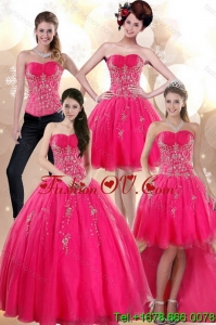 2015 Elegant Strapless Hot Pink Detachable Quinceanera Skirts with Appliques