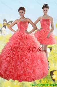 Designer Watermelon Strapless 2015 Quince Dresses with Beading and Ruffles