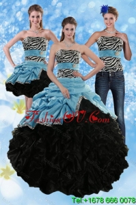 Designer Zebra Print Strapless Multi Color Sweet 15 Dresses with Ruffles and Pick Ups