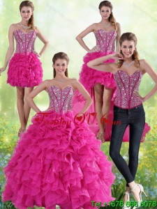 Hot Pink Sweetheart Detachable Quinceanera Skirts with Beading and Ruffles
