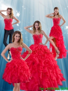 Red Strapless Detachable Quinceanera Skirts with Ruffles and Beading