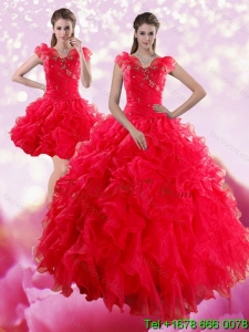 Sophisticated Red Sweetheart Detachable Quinceanera Skirts with Ruffles and Beading