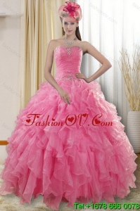 2015 Pretty Rose Pink Detachable Quinceanera Skirts with Ruffles and Beading