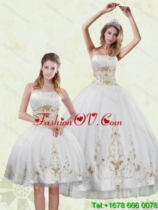 Inexpensive Embroidery White and Gold Detachable Quinceanera Skirts for 2015