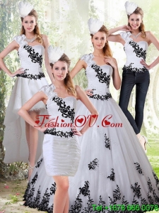The Most Popular White and Black Sweetheart Detachable Quinceanera Skirts with Black Embroidery