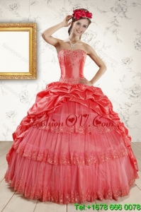 2015 Lovely Strapless Coral Red Quinceanera Dresses with Pick Ups and Beading
