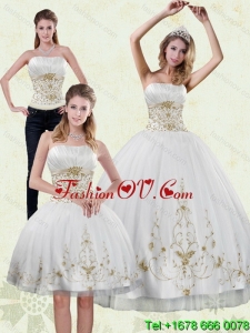 Modest and Lovely 2015 Strapless Embroidery White and Gold Quinceanera Dresses