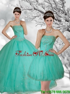 Fashionable and New style Apple Green Strapless Quince Dress with Appliques and Beading for 2015