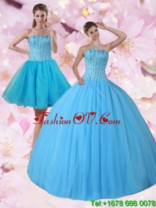 Gorgeous and New style Detachable Baby Blue Strapless Quinceanera Dress with Beading