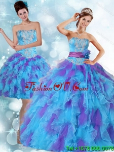 New style Beaded Strapless Multi Color Quinceanera Dresses with Ruffles and Sash