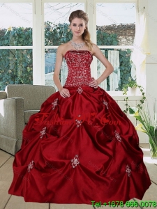Wine Red Pretty and New style Strapless 2015 Quinceanera Gown with Embroidery and Pick Ups