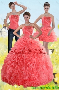 2015 Inexpensive and New style Watermelon Sweet 15 Dresses with Beading and Ruffles