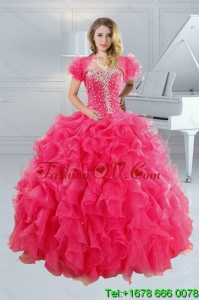 2015 Unique Hot Pink Quince Dresses with Ruffles and Beading