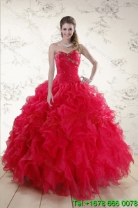 Classical and New style Red 2015 Quince Dresses with Ruffles and Beading