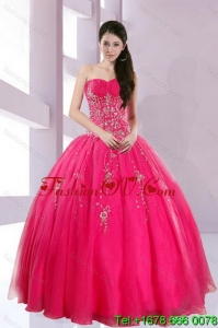 2015 Fshionable and Pretty Strapless Hot Pink Quince Dresses with Appliques