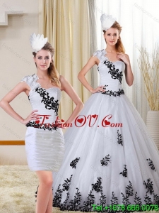 2015 New Style One Shoulder Sweetheart White and Black Quinceanera Dress with Appliques