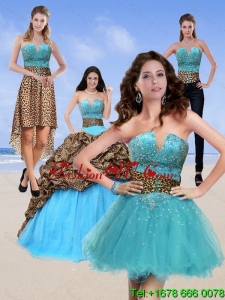 2015 Unique and New Style Leopard Print Baby Blue Quinceanera Dresses with Brush Train and Beading