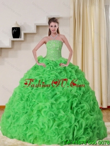 Cheap and Pretty Strapless Spring Green Quinceanera Dress with Beading and Ruffles