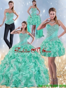 Exclusive and New Style Sweetheart Quinceanera Dresses in Apple Green with Ruffles and Beading for 2015