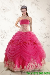 Fashionable and Pretty 2015 Strapless Hot Pink Quinceanera Dresses with Beading and Lace