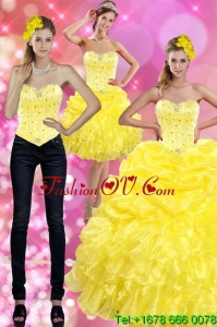 Most Popular and New Style Yellow 2015 Quince Dresses with Beading and Ruffles