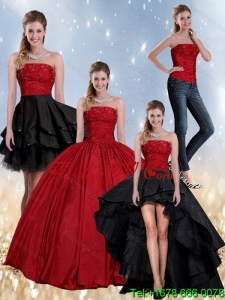 Pretty Beaded Strapless Ball Gown 2015 Quinceanera Dress in Red and Black