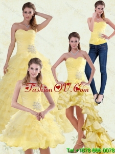Pretty Yellow Beaded and Ruffled Sweetheart Quinceanera Dress for 2015