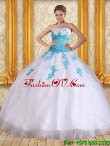 2015 Cute and Pretty Sweetheart Floor Length Quinceanera Dress in White and Blue