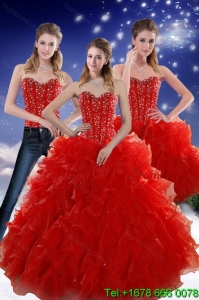 2015 Perfect and Pretty Red Sweetheart Quince Dresses with Beading and Ruffles