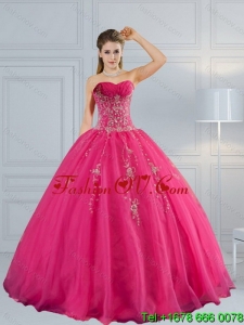 2015 Perfect and Pretty Sweetheart Hot Pink Quinceanera Dress with Appliques and Beading
