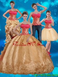 2015 Pretty Gold Strapless Quince Dress with Beading and Embroidery
