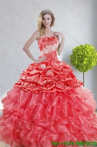 2015 Top Seller and Pretty Watermelon Red Quince Dresses with Appliques and Ruffles